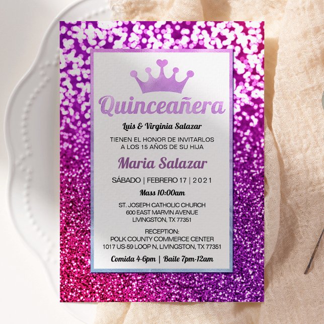 Purple Quinceañera Glamorous Convite Espanhol (Criador carregado)
