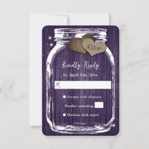 Purple Rustic Wood Hearts Mason Jar Wedding RSVP