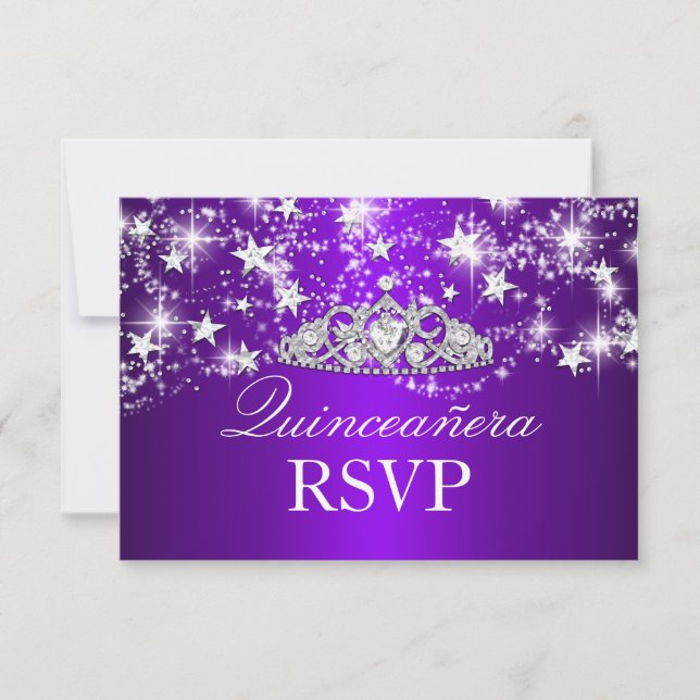 Purple Sparkle Tiara & Stars Quinceanera RSVP (Frente)