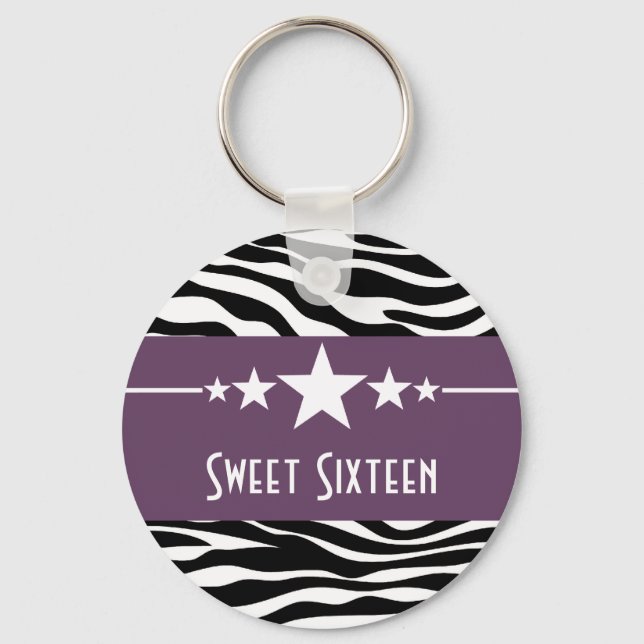 Purple Stars Zebra Print Sweet 16 Chaveiro (Frente)