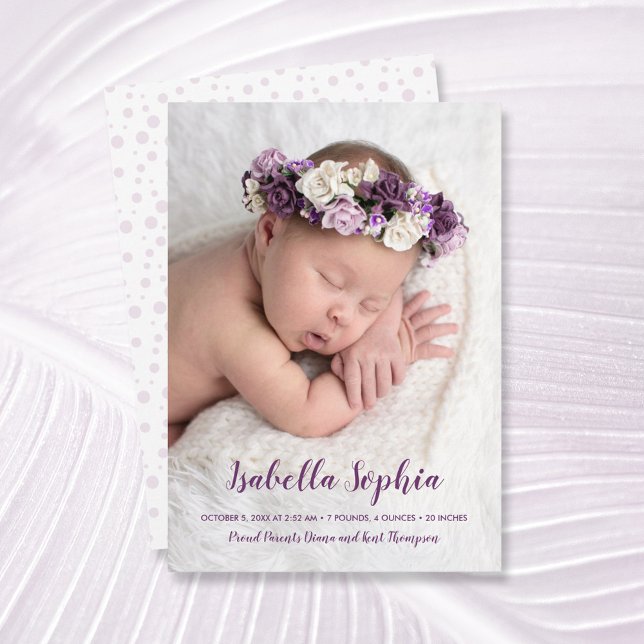 Purple Sweet Baby Photo Birth Announcements (Criador carregado)