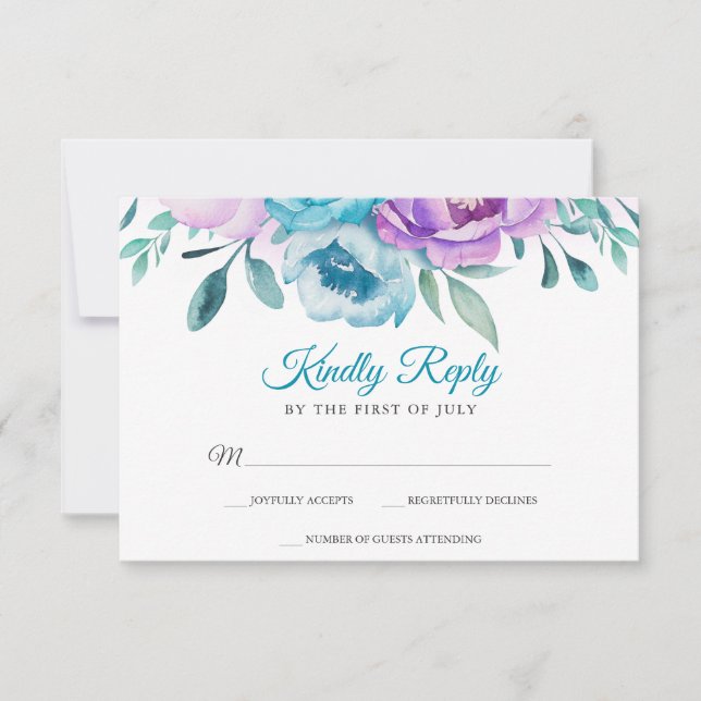 Purple Teal Watercolor Floral Bat Mitzvah RSVP (Frente)