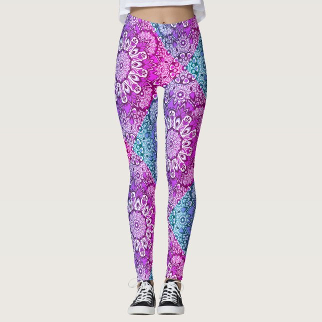 Púrpura Aqua Mandala Padrões Boho Leggings (Frente)