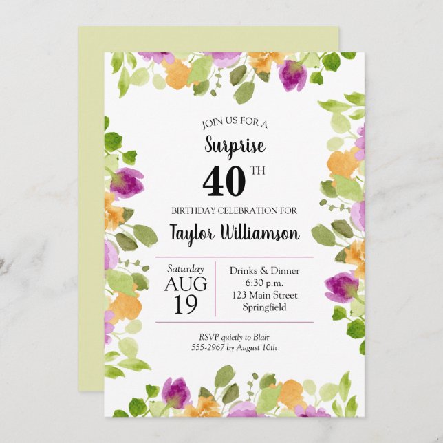 Púrpura Aquarela Bloomia Convites de Aniversário (Frente/Verso)