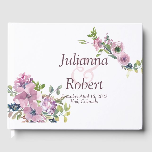 Púrpura aquarela floral livro de hóspedes (Frente)