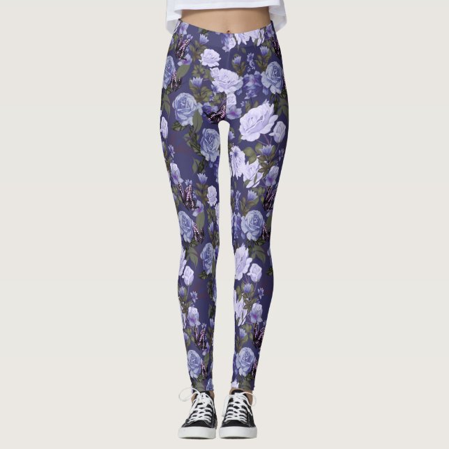 Púrpura Borboleta Floral Leggings femininas (Frente)