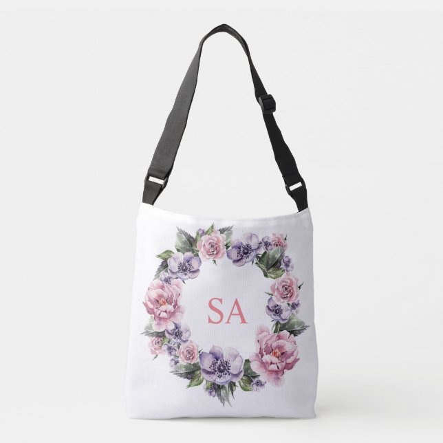 Púrpura Cor-de-rosa Flor Monograma com Tote Bag (Frente)