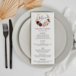 Púrpura de água e menu de casamento de pêssego<br><div class="desc">Um maravilhoso design de casamento floral com lindas flores roxas de ameixa e aquarelas de pêssego. A cor e o texto podem ser personalizados.</div>