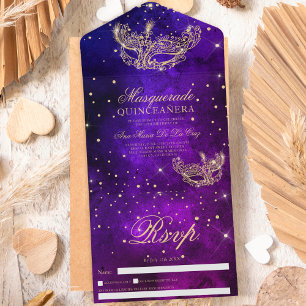 púrpura de mascarada com brilho dourado quinceaner