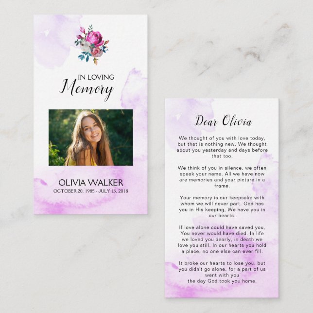 Púrpura Memorial Poem Funerário Cartão de Oração (Frente/Verso)