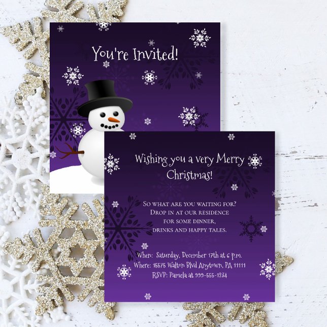 Púrpura Neve Inverno Cena de Natal Convite (Purple Snowman Winter Scene Christmas Party Invitation)
