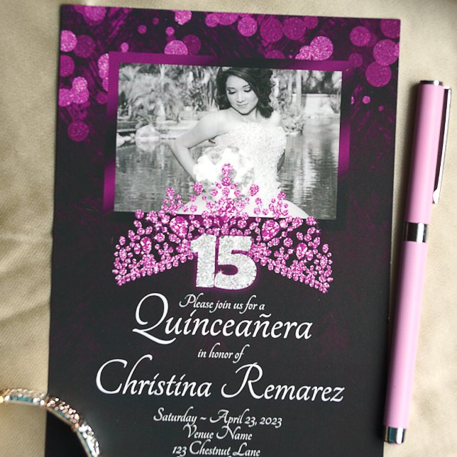 Púrpura, Rosa Tiara Quinceanera Convite (Pink and purple quinceanera invitation, pink gemstone tiara, glitter silver 15 for mis quince)