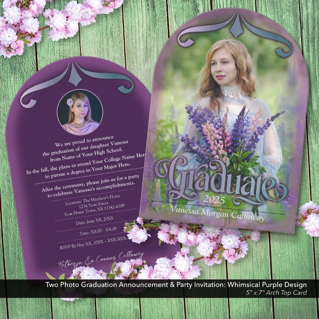 Púrpura Whimsical Do Convite Para Graduação De Fot (Two Photo Graduation Announcement & Invitation: Whimsical & Enchanting Purple Fairytale Aesthetic.)