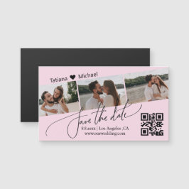 qr code 3 photo collage save the date pink magnet