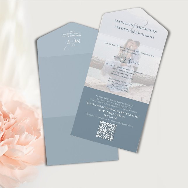 QR Code Photo Elegant Dusty Blue RSVP Online (Elegant Dusty blue wedding invitation with QR code and photo template. )