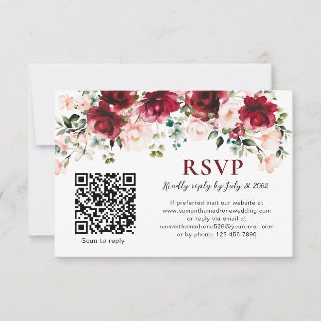 QR Code RSVP Card Burgundy Blush Floral Wedding (Frente)