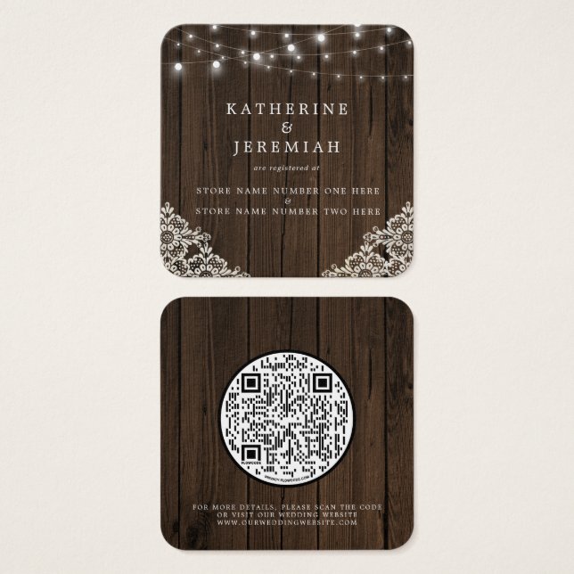QR Code Wood Lights Lace Wedding Registry (Frente & Verso)
