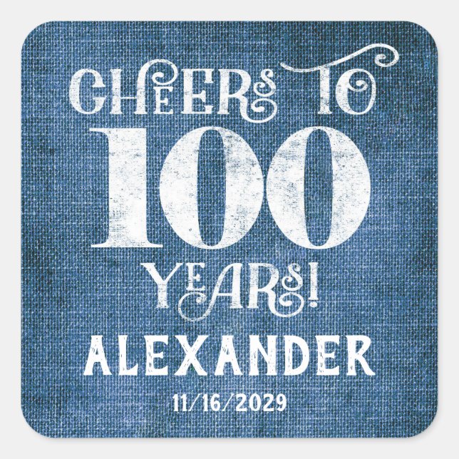 Quadrado 100º Aniversário Linen Azul Obrigado Pelos Adesivo (Frente)