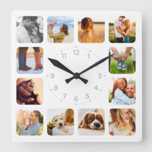 Quadrado 12 Foto com Número de Cinza Arredondada Relógio 