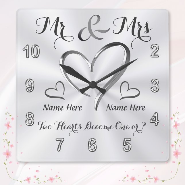 Quadrado 2 Corações se Tornam Um, Relógio de Casamento Pers (Mr and Mrs wedding clock. Wedding shower gifts. Personalized wedding gifts for bride and groom. )