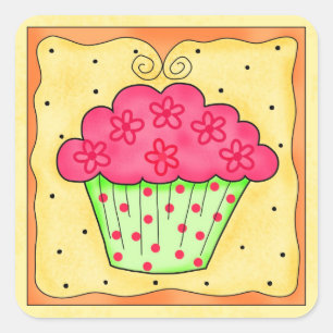 Quadrado Adesivo amarelo verde e Cupcake vermelho