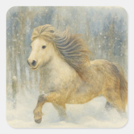 Quadrado Adesivo Cena de Inverno com Cavalo Islandês
