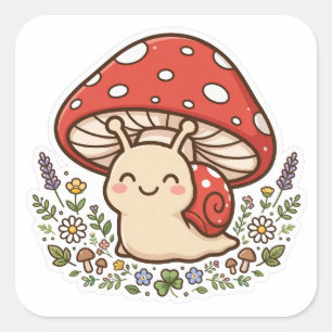Quadrado Adesivo Cute Snail Mushroom Cottagecore