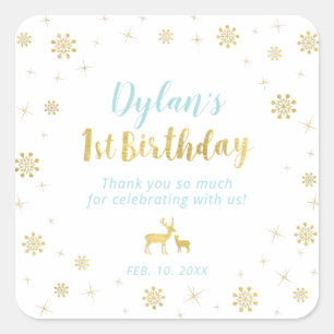 Quadrado Adesivo de 1º aniversário Winter Wonderland, Gold 