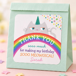 Quadrado Adesivo de Agradecimento de Aniversário Gato Chuva