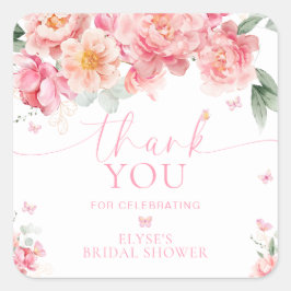 Quadrado Adesivo de Agradecimento Flor de Peônia Borboleta 