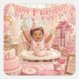 Quadrado Adesivo de Aniversário de 1 Ano da Princesa Rosa