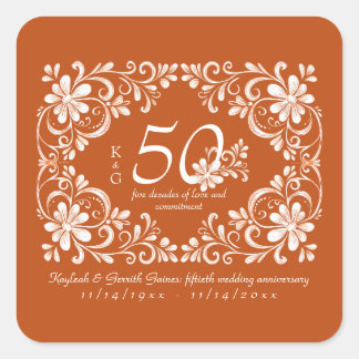 Quadrado Adesivo de aniversário de 50 anos Burnt Orange Sha