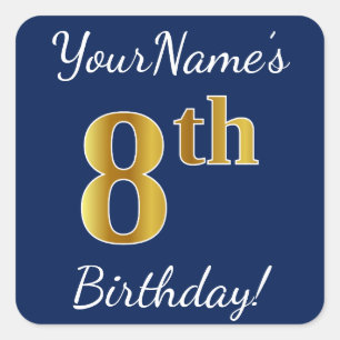 Quadrado Adesivo de Aniversário de 8 Anos, Azul, Dourado Fa