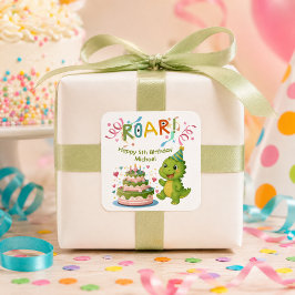 Quadrado Adesivo de aniversário de dinossauro personalizado