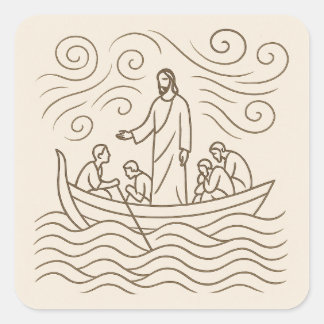 Quadrado Adesivo de Arte de Linha Jesus Acalma a Tempestade