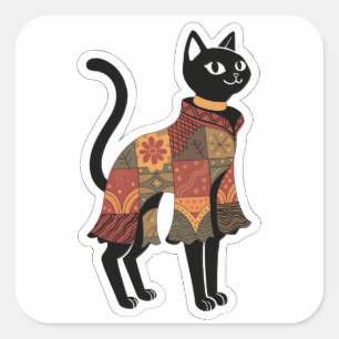 Quadrado Adesivo de Arte Popular de Gato Remendado Boho