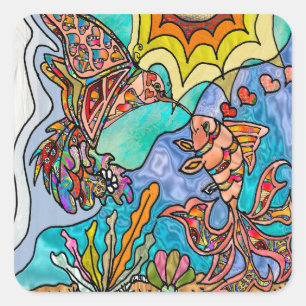 Quadrado Adesivo de Arte Reflexo do Beija-flor Peixe Dourad