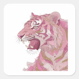 Quadrado Adesivo de Arte Vibrante Tigre Rosa Prata