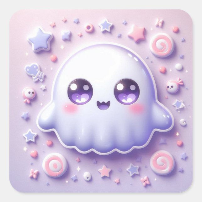Quadrado Adesivo de artesanato fantasma Kawaii Pastel Corte (Frente)