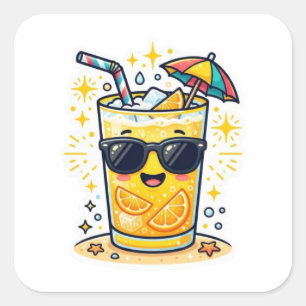 Quadrado Adesivo de Bebida Tropical de Verão Kawaii Fofo
