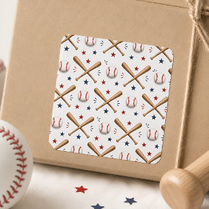 Quadrado Adesivo de Beisebol Vermelho Azul Estrelas Taco Bo