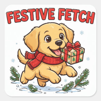 Quadrado Adesivo de Busca Festiva — Golden Retriever com Ca