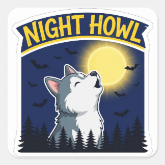 Quadrado Adesivo de cachorro de Halloween Husky Uivo Noturn