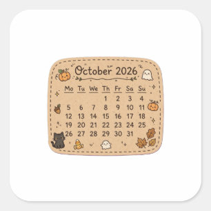 Quadrado Adesivo de Calendário de Outubro de 2026 Hallowe