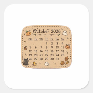 Quadrado Adesivo de Calendário de Outubro de 2026 | Hallowe