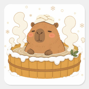 Quadrado Adesivo de Capivara Fofo em Onsen de Inverno Neve