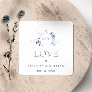 Quadrado Adesivo de casamento Floral Azul Empoeirado com Am