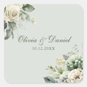 Quadrado Adesivo de casamento floral verde suave de sálvia