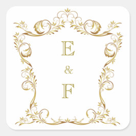 Quadrado Adesivo de Casamento Monograma Dourado para Casais
