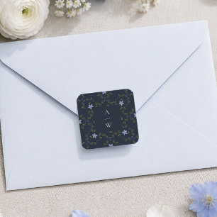 Quadrado Adesivo de casamento monograma elegante navy folk